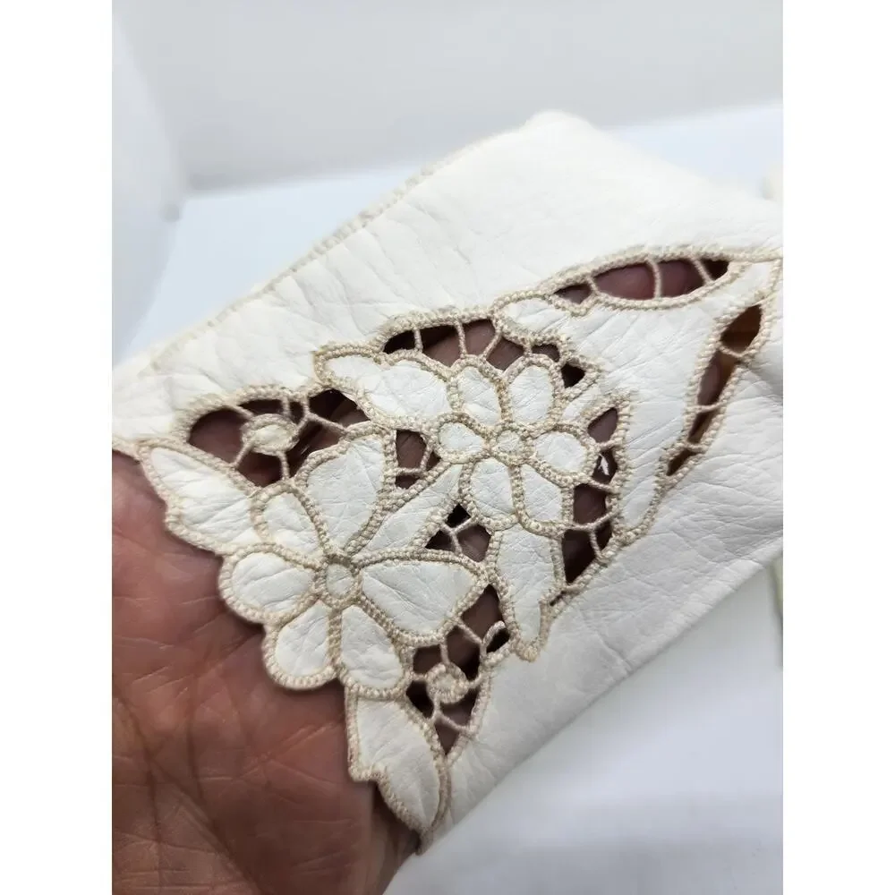 Vintage White Leather Gloves Womens Floral Lace Cutout Insert Wrist